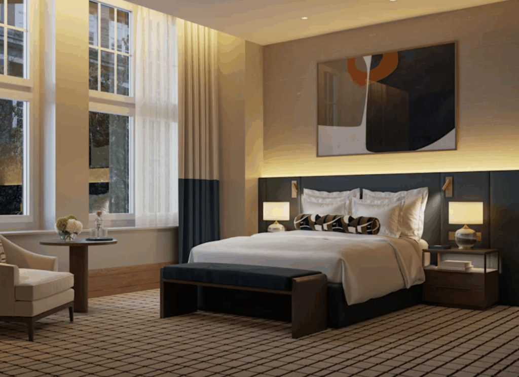 a bedroom with a bed and a table