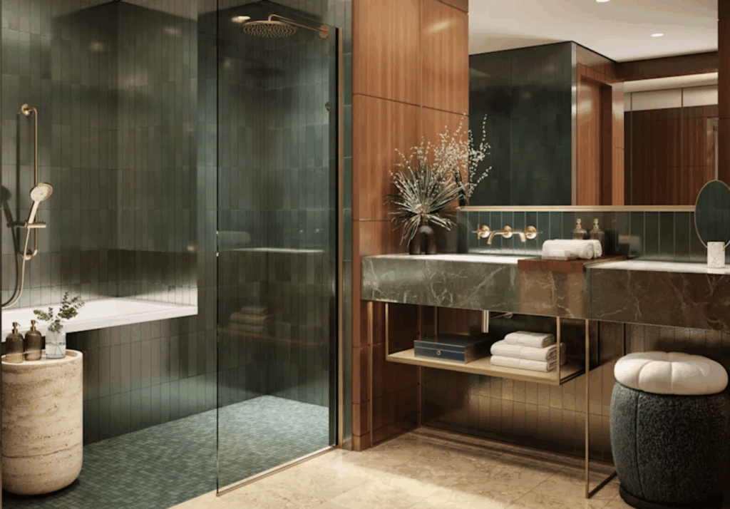 a bathroom with a glass shower and sink