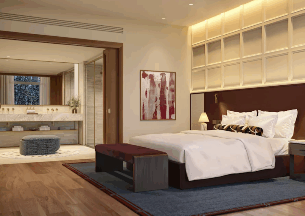 a bedroom with a bed and a sink