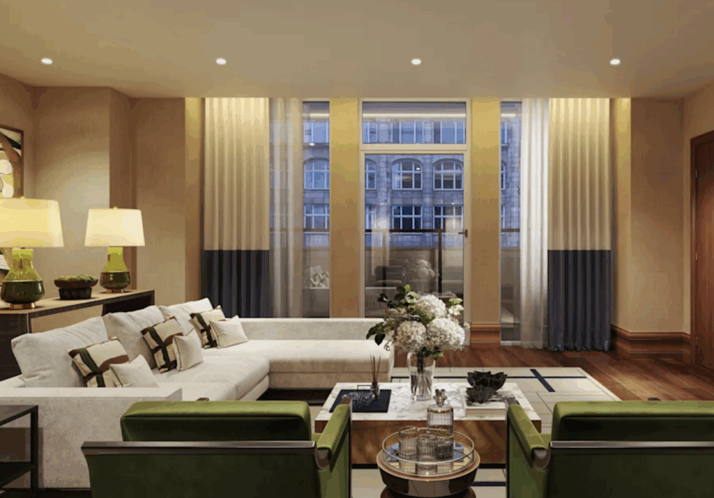 a living room with a couch and chairs