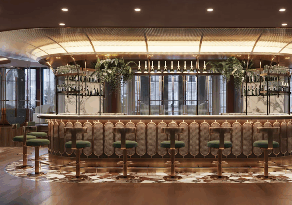 a bar with chairs and a counter