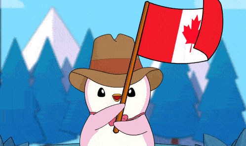 a cartoon penguin holding a flag