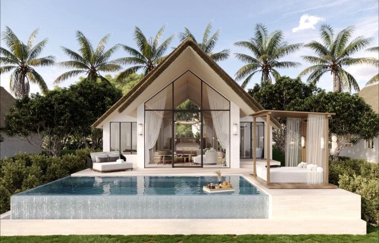 a house with a pool and a bed