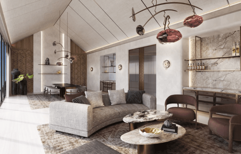 a living room with a couch and a table