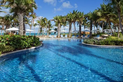 a pool with palm trees and umbrellas