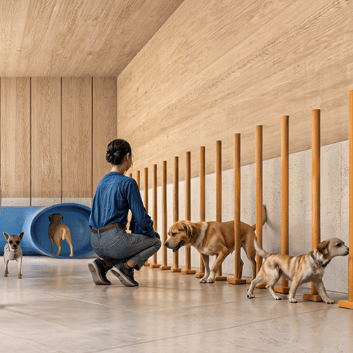 a woman and dogs in a room