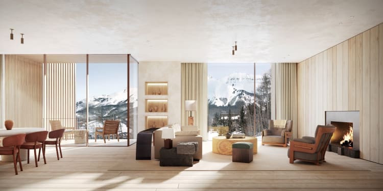 a living room with a view of mountains and trees