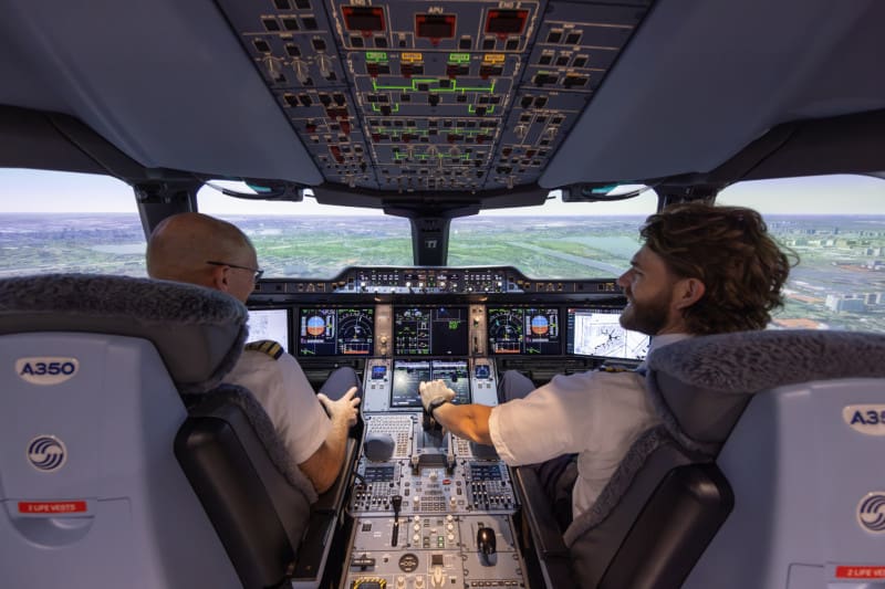 two men in the cockpit of an airplane