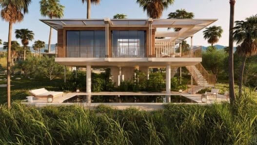 a house with a pool surrounded by palm trees