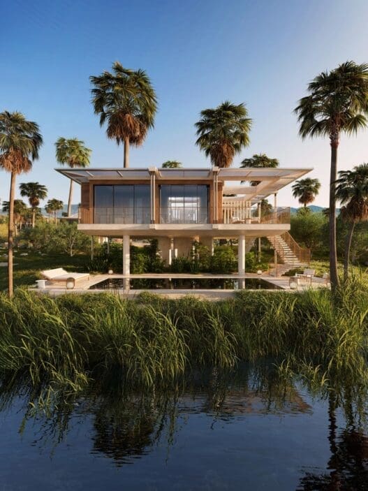 a house with a pool surrounded by palm trees