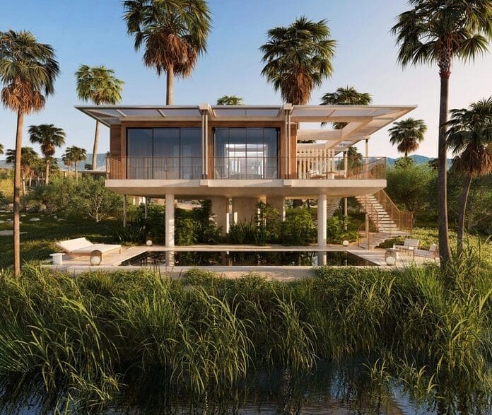a house with a pool surrounded by palm trees