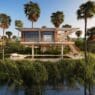 a house with a pool surrounded by palm trees