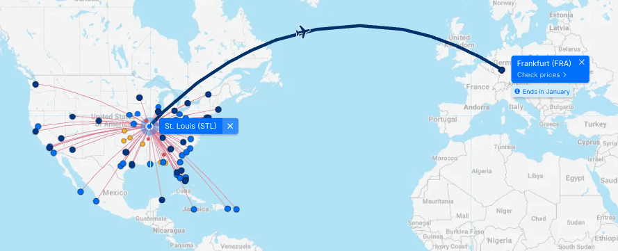 a map of the world with a plane route