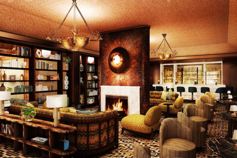 a room with a fireplace and chairs