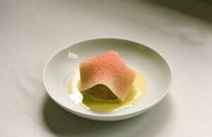 a plate of food with a piece of food on it