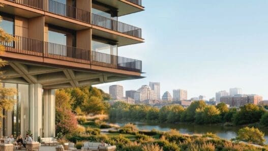 a building with a river and trees