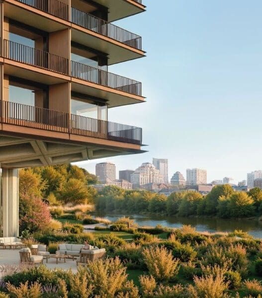 a building with a river and trees