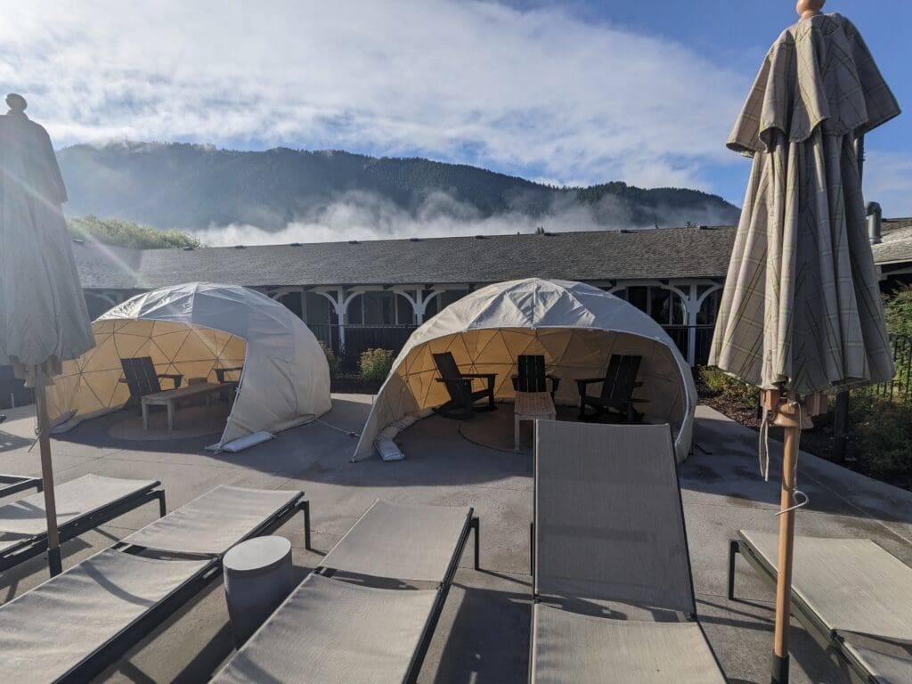 a group of tents outside of a building