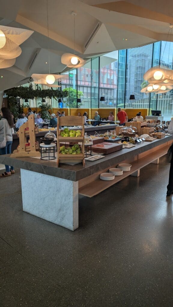 a buffet table with food on it