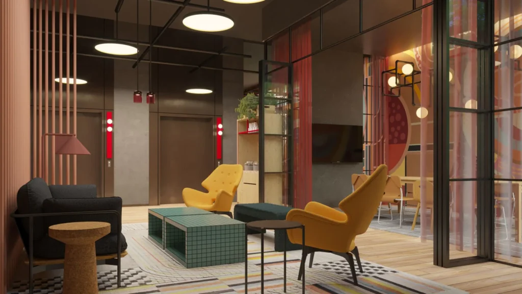 a room with a colorful area and a couple of chairs