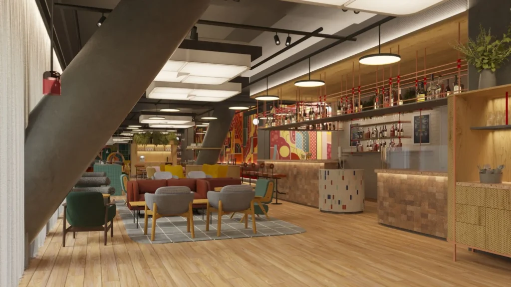 a room with a bar and chairs