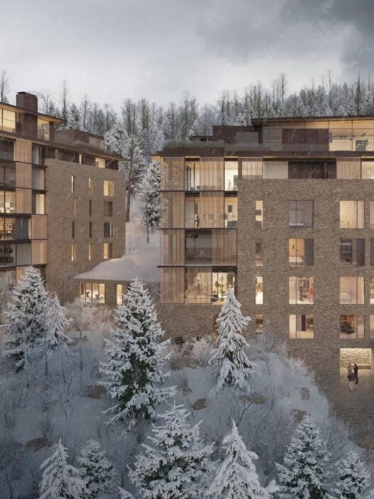 a group of buildings with snow covered trees