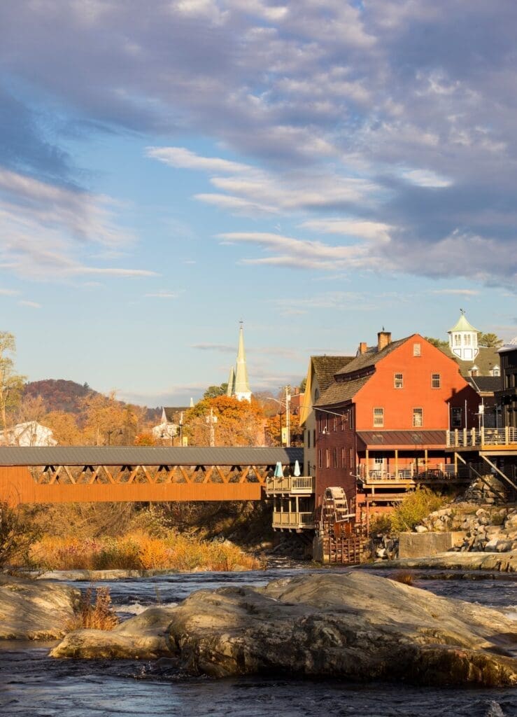 a bridge over a river with buildings and trees