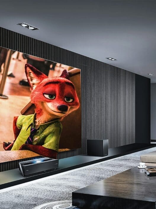 a room with a large screen and a coffee table
