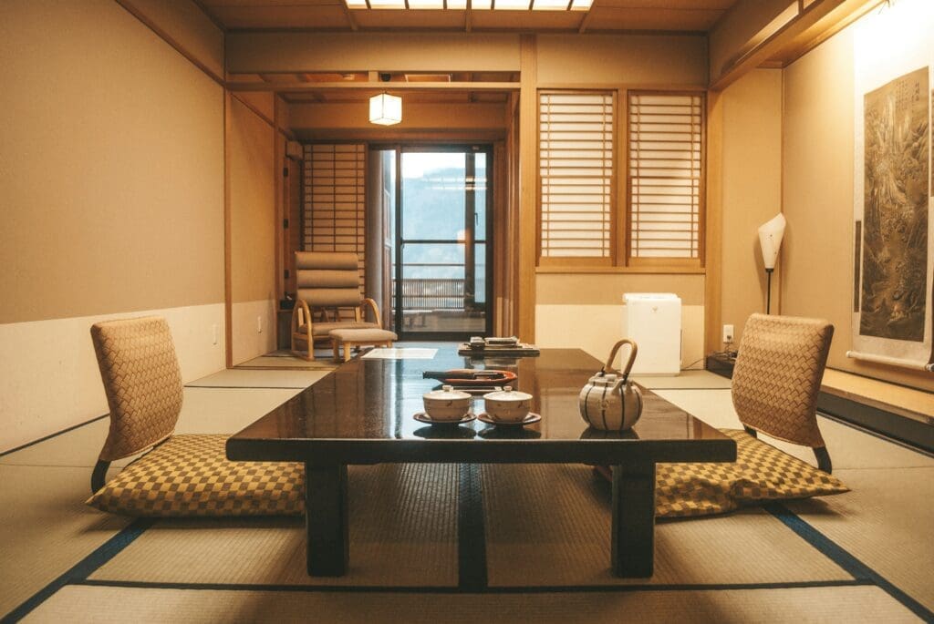 a room with a table and chairs