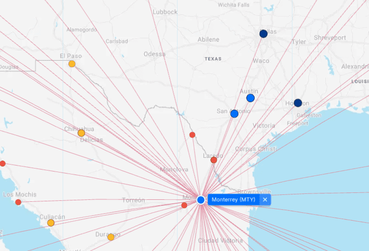 a map with red and blue dots and lines