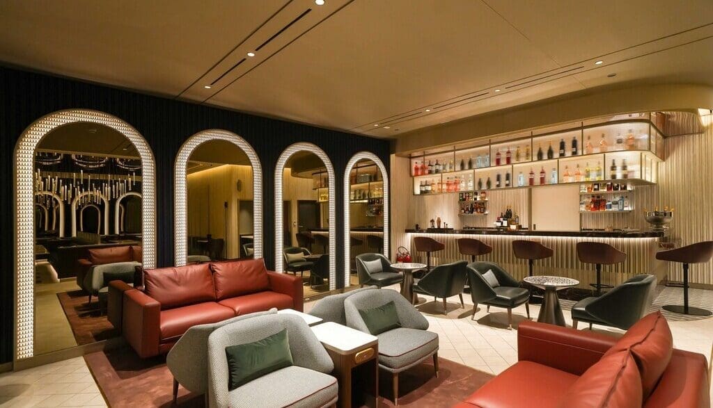 a room with a bar and chairs