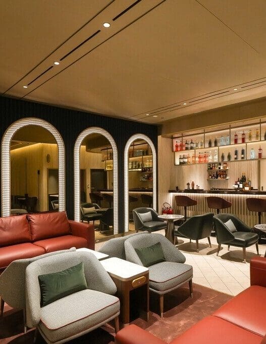 a room with a bar and chairs