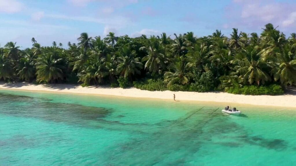 a person on a beach with a boat in the water