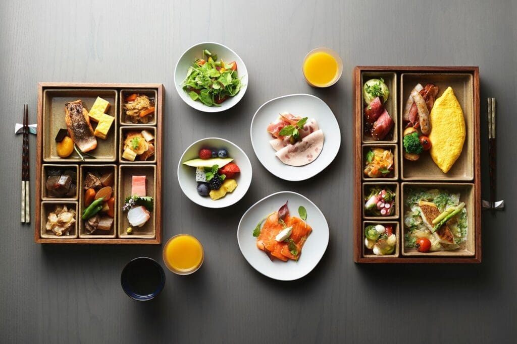 a table with different food items