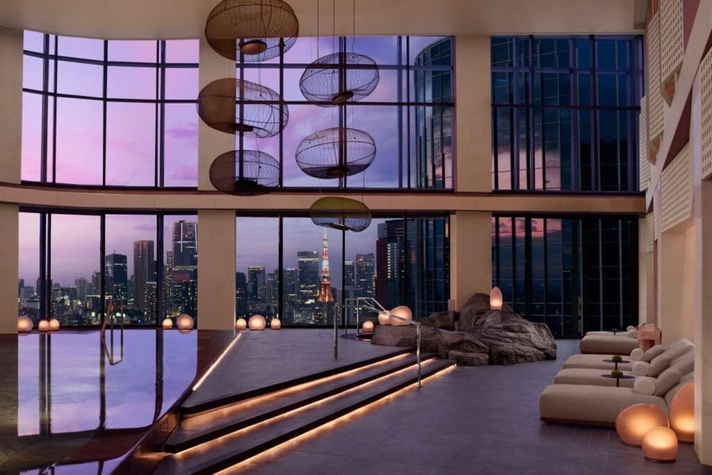 a large room with a view of a city