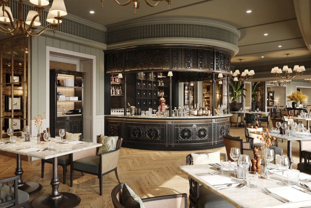 a restaurant with tables and chairs