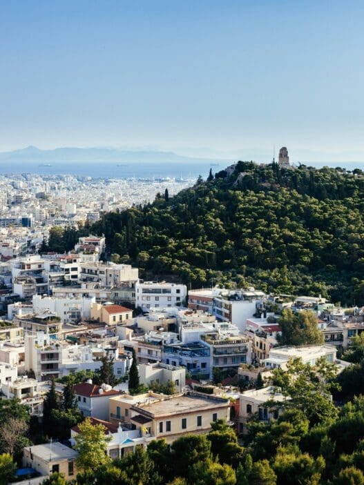 a city with trees and a hill