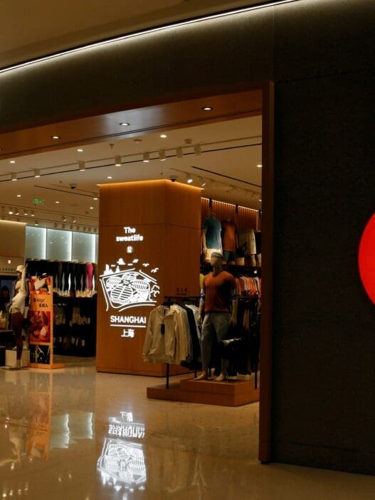 a store front with a sign