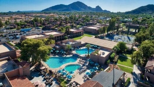 a swimming pool in a resort