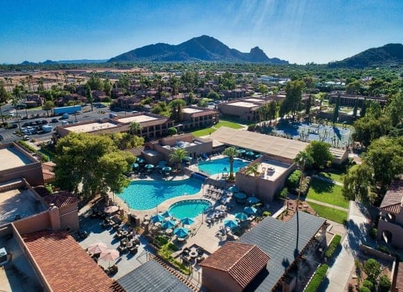 a swimming pool in a resort