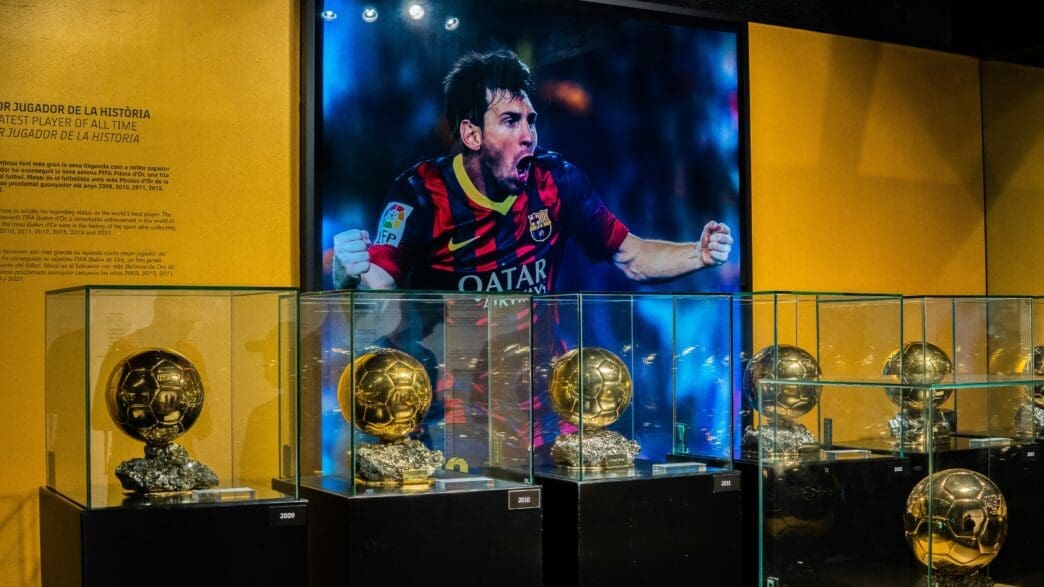 a group of trophies on display