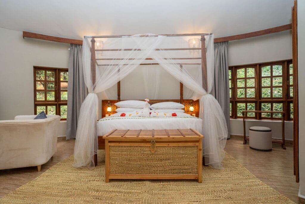 a bed with a canopy over it