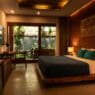 a bedroom with a bed and a desk