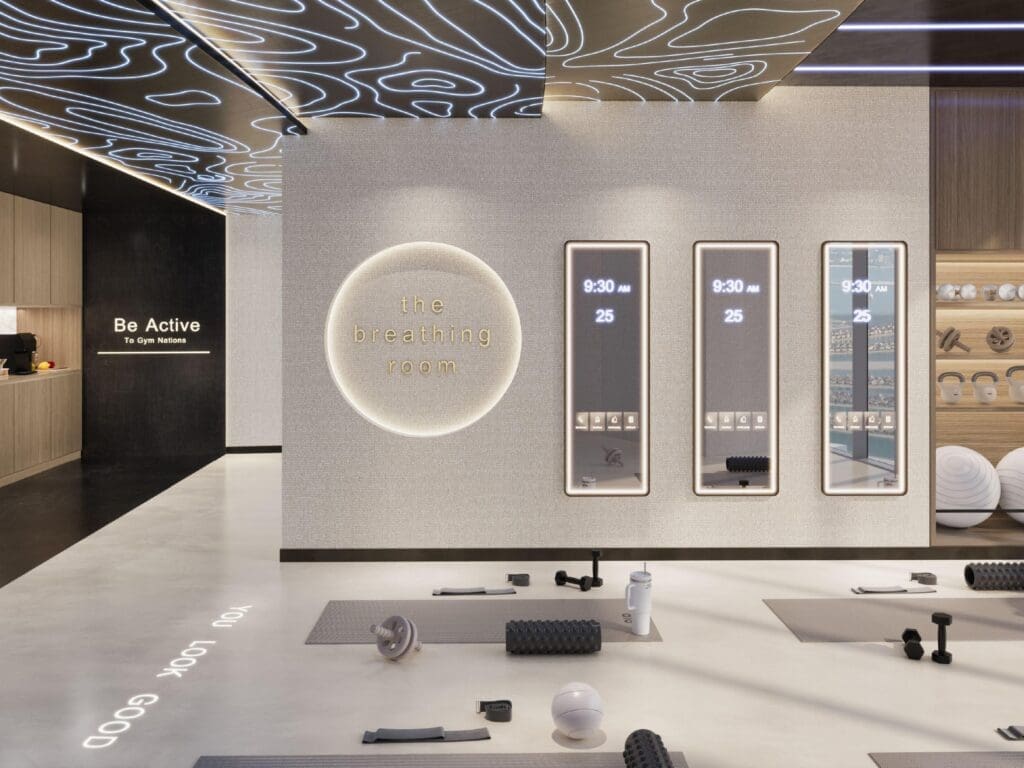 a room with a large sign and a large mirror