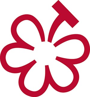 a red symbol with a flower