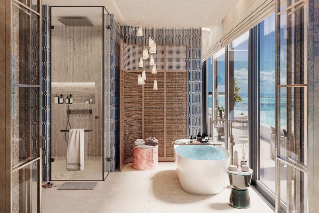 a bathroom with a tub and shower