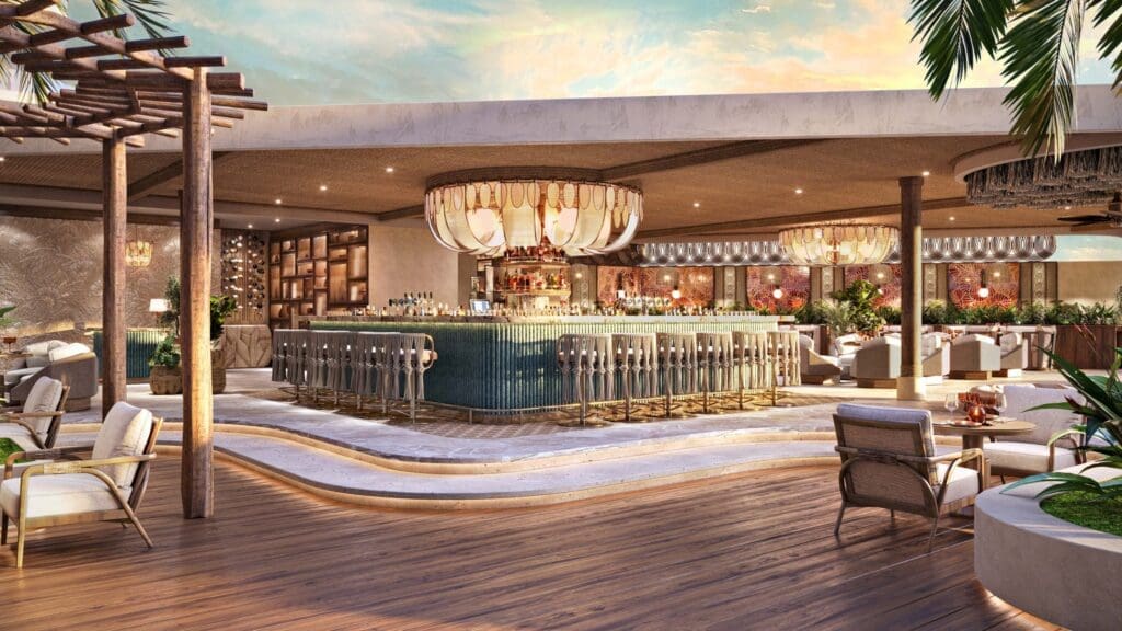 a large bar with a large bar and chairs