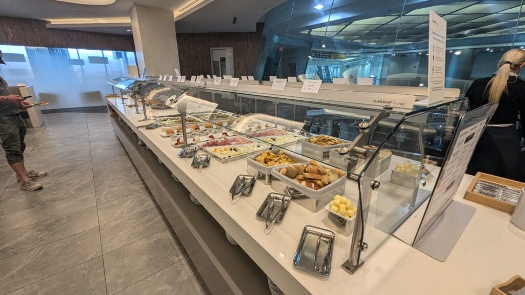 a buffet with food on it