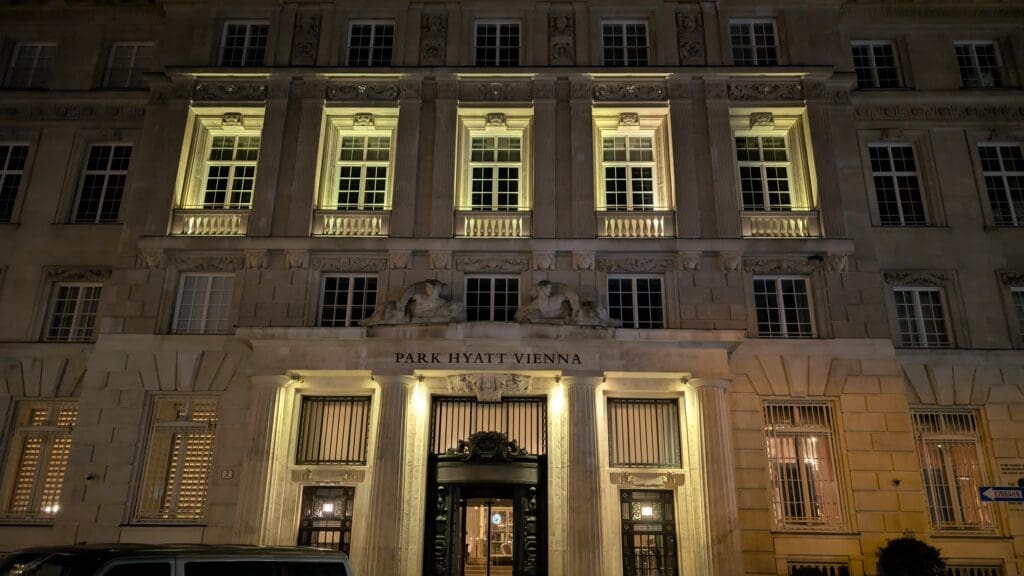 a building with lights on the front