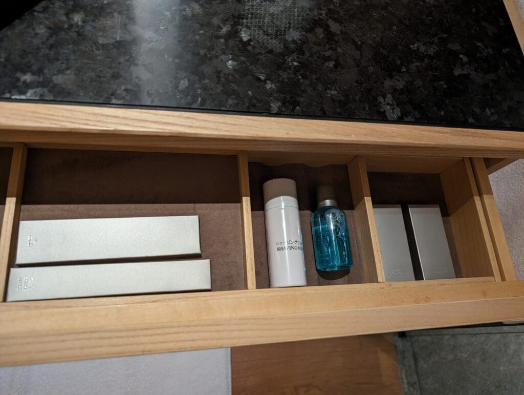 a shelf with a variety of items inside